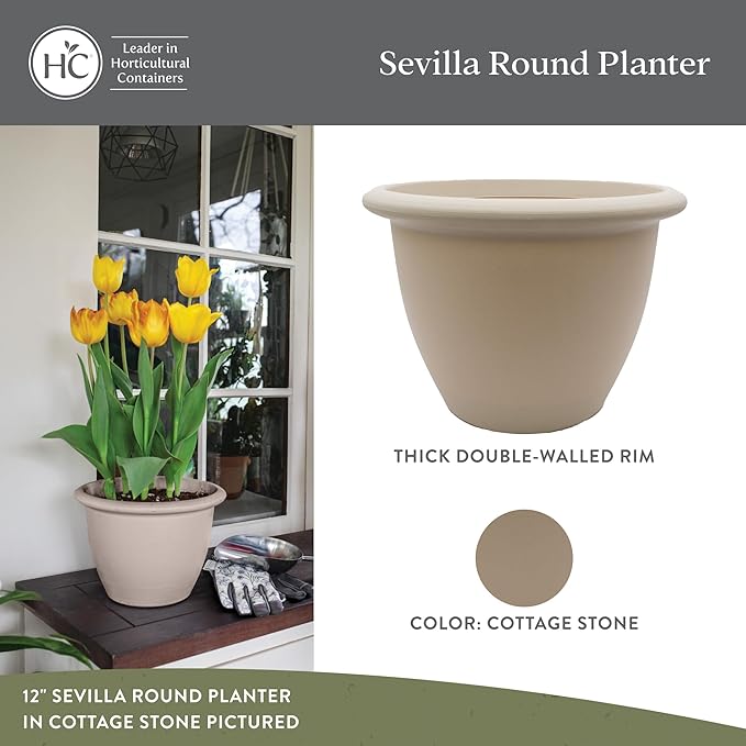 The HC Companies Sevilla Flower Planters - Outdoor & Indoor Planter - Round Self Watering Plant Pots for Herbs & More (9”, Cottage Stone, Pack of 2)