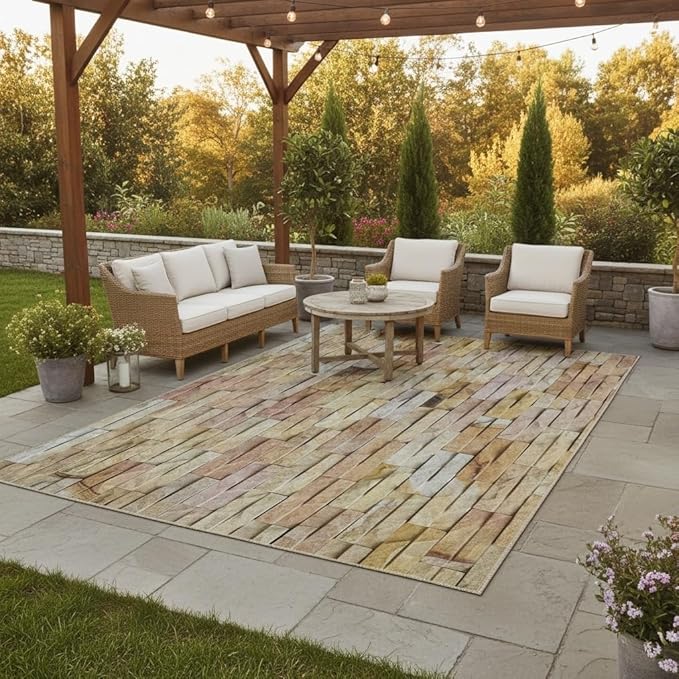 Brown Yellow Stone Brick Print Waterproof 6x8 Outdoor Rugs for Garden Patios Balcony Deck Camping Pool Washable Low Pile Foldable Large Carpets Rustic Farmhouse Yard Anti Slip Outside Carpet Mat