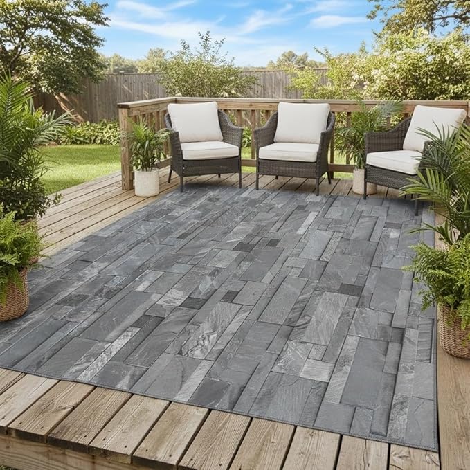 3D Print Dark Grey Stone Wall Pattern Washable Outdoor Rug for Patios Balcony Deck Porch Backyard Garden Retro Stone Brick Texture Carpet Waterproof Non Slip Camping Rv Picnic Yard Outside Mat 6x9