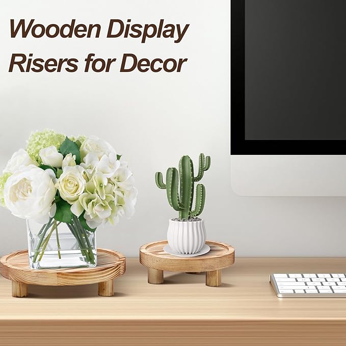 3 Pcs Wood Plant Stand Indoor Outdoor, Wooden Stool Display Stand 5/6/8" Round Riser Flower Pot Holder with Raised Edge Small Planter Tray Modern Potter Decorative for Garden Desktop Home Table Counter Room (Natural)