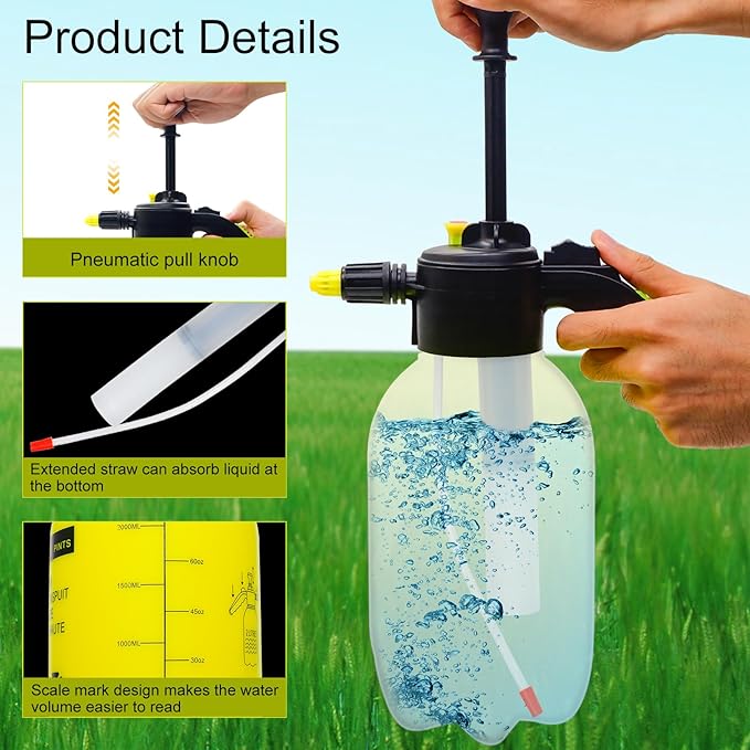 68oz Garden Pump Sprayer, 2L Hand Pressure Sprayer Bottle with Safety Valve, 0.5 Gal Lawn Adjustable Sprayer for Plant Mister Spraying Weeds Home Cleaning Watering (Yellow)