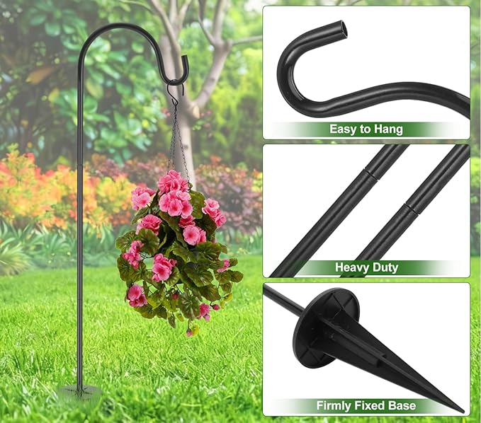 DOITOOL 27.55 Inch Outdoor Solar Garden Hook Shepherd Hook for Hanging Planters Lanterns Bird Feeders Rustic Patio Decoration