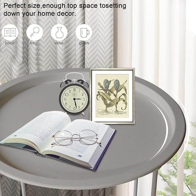 Garden 4 you End Table Metal Side Table Grey Round Folding Tray Cyan Sofa Small Accent Fold-able Table, Round End Table Tray, Next to Sofa Table, Snack Table for Living Room and Bed Room
