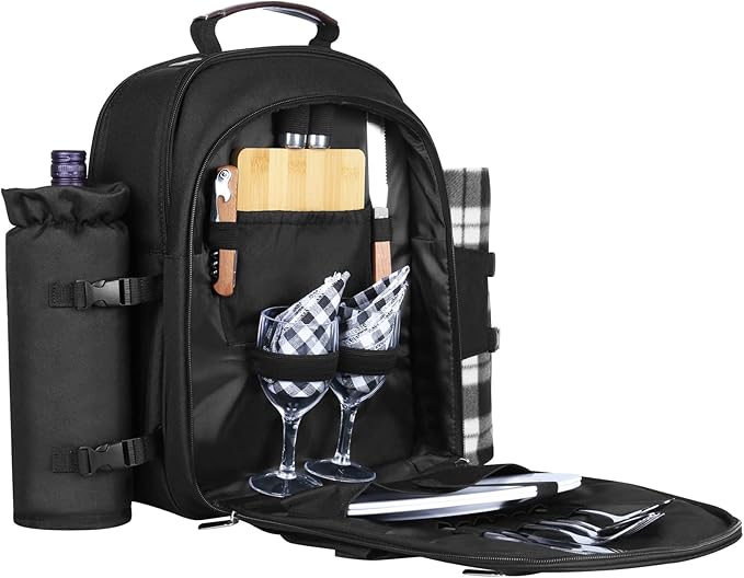 Sunflora Insulated Picnic Backpack for 2 Person Bag with Cooler Compartment, Wine Pouch, Blanket and Stainless Steel Cutlery Set for Couple, Lovers and Friends (Black)