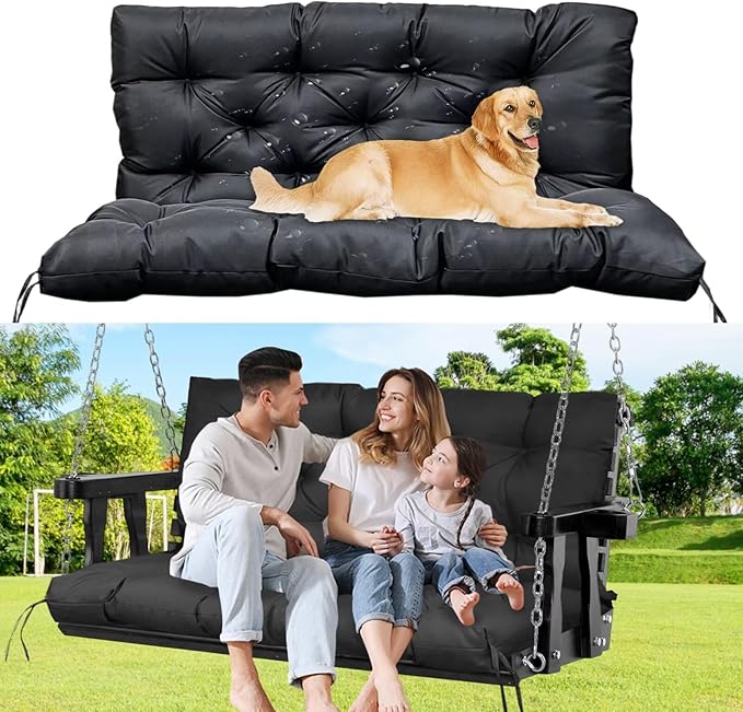60" Porch Swing Cushion with Backrest, Waterproof Outdoor Bench Swing Cushions 3 Seater Replacement Thickened Swing Cushions with Ties for Patio Garden Backyard,Black,60x40in