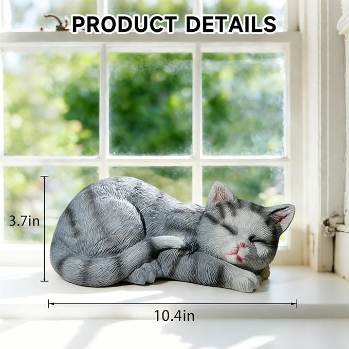 Garden Outdoor Decor Cats Statue, Sleeping Cat Figurines Garden Statues & Sculpture Decor for Patio, Porch and Lawn, Cat Memorial Stone Gifts for Lover and Womens Grey