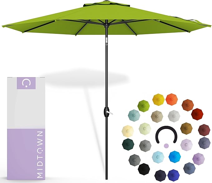 Midtown Umbrellas - 10-Year-No-Fade 8 Ft Patio Umbrella with Terylast Fabric, Auto-Tilt Aluminum Frame and 8 Reinforced Ribs for Deck, Pool, Garden & Beach - Pear Green Canopy, Black Pole