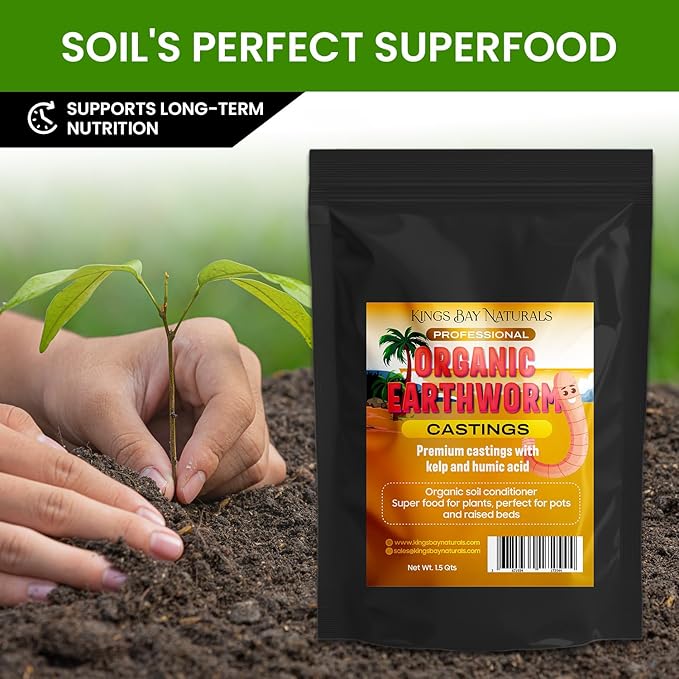 (1.5 Qt) 100% Organic Worm Castings - Made in USA – Natural Earthworm Fertilizer with Kelp & Humic Acid – for Indoor & Outdoor Plants, Potting Soil, Garden Beds & Seed Starters