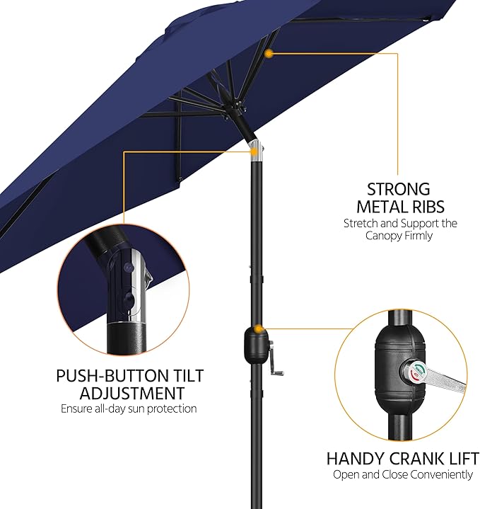 Yaheetech Patio Umbrella, 9FT Outdoor Table Market Umbrella with Push Button Tilt and Crank, Yard Sun Shade with Sturdy Ribs for Garden, Deck, Backyard, Pool, Terrace, Navy Blue