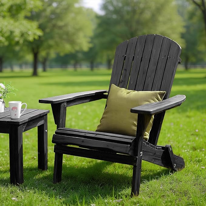 VINGLI Folding Adirondack Chairs Set of 1, Wood Adirondack Chair for Outdoor, Foldable Fire Pit Chairs for Patio, BBQ, Porch, Yard, Pool, Black