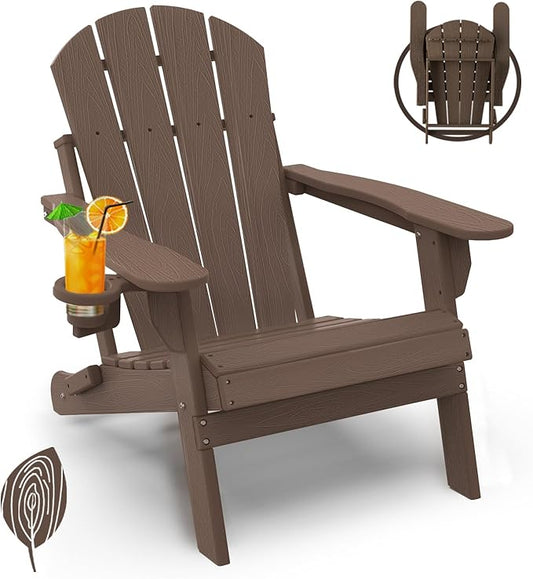 GREENVINES Folding-Adirondack-Chair | Wood Grain | HDPE Plastic | Fire Pit Chairs | All Weather | Cup Holder | Dark Brown | for Deck Backyard Patio Outdoor