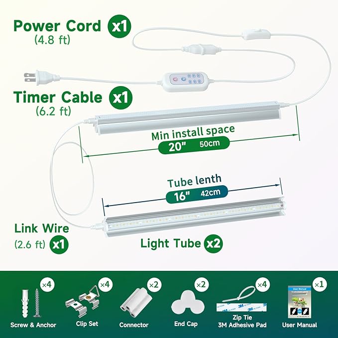 T5 Grow Lights for Indoor Plants with Timer, 16 Inch LED Light Bar 10W×2, Full Spectrum Plant Light for Indoor Growing, for Shelf/Rack