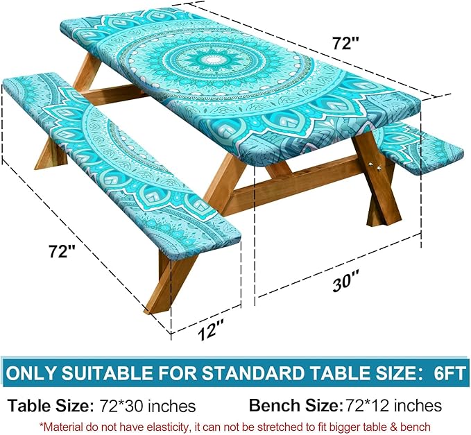 Play Tailor Picnic Table Cover with Bench Covers Camping Essentials Waterproof Windproof Camping Tablecloth with Drawstring Bag, Fitted Rectangle Tables and Seats, 72in, Ice Blue