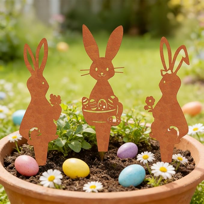 Easter Metal Bunny Garden Stake Outdoor 3 Pack Realistic Rust Rabbit Decorative Metal Garden Statues Stakes Yard Art Ornament Easter Bunny Stake Sign for Flowerbeds Planters Patios Lawn