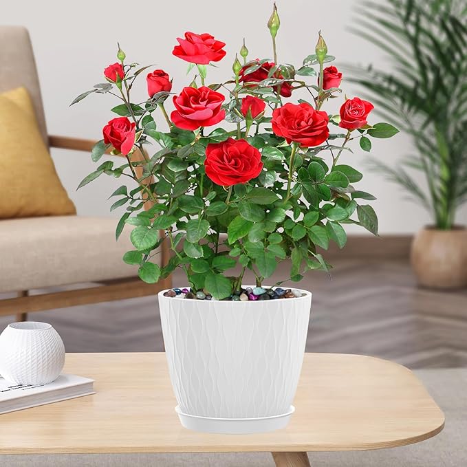 5 Pack 6 inch Planters for Outdoor Plants Indoor Plant Pots with Drainage Holes and Saucers, Modern Plastic Flower Pots for Plants Succulent Holiday Office House Home Decor Garden Pots White