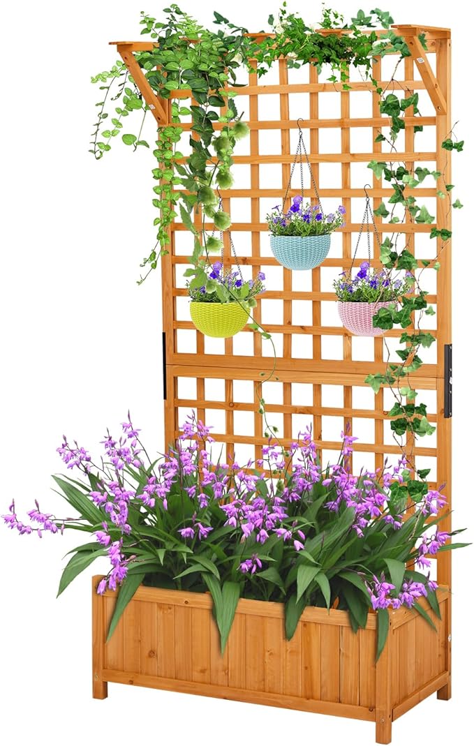 Outvita 72" H Outdoor Raised Garden Bed with Trellis & Roof, Wood Planter Box Equipped with Drainage for Vine Climbing Plants and Flowers Herbs in Balcony, Garden, Patio(Orange)