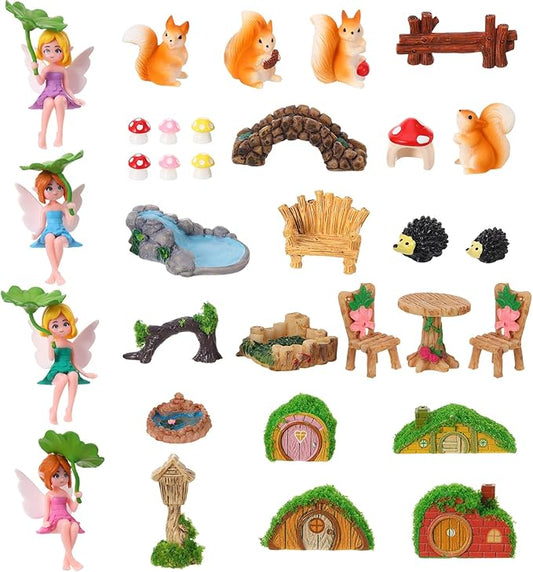32 PCS Mini Fairy Garden Accessories Kit Miniature Garden Ornaments Included Resin House Statues Tiny Fairies Figurines Animal Plant Set for DIY Terrarium Potted Plants Dollhouse Desk Decor