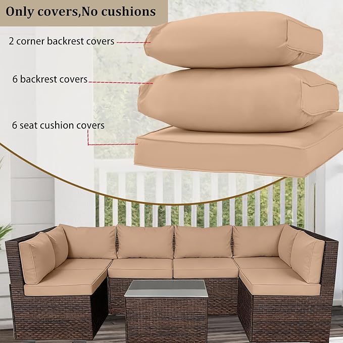 Outdoor Cushion Covers for Patio Furniture, Patio Cushion Covers Replacement with Zipper, Waterproof & Fade Resistant,Only Cover (Khaki, 25.6Lx25.6Wx4H - Only Covers)