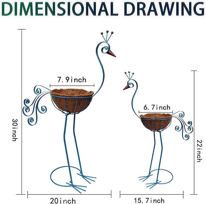 Blue Peacock Planters,Metal Peacock Plant Pots Decorations with Fiber Basket,Outdoor Indoor Standing Bird Planters Lawn Garden Décor Art for Lawn,Yard,Patio,Balcony Ornament（Set of 2）