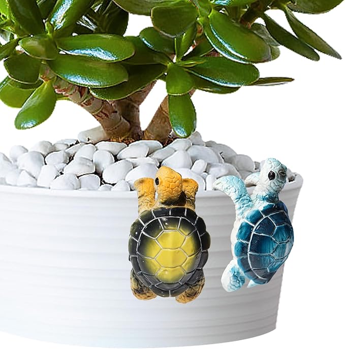 2-Pack Turtle Pot Huggers – Whimsical Resin Plant Decor for Pots, Fences & Balconies | Indoor/Outdoor Turtle Figurines (Yellow & Blue)