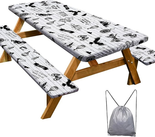 Picnic Table Cover with Bench Covers Camping Essentials Waterproof Windproof Camping Tablecloth with Drawstring Bag, Fitted Rectangle Tables and Seats, 96in, White