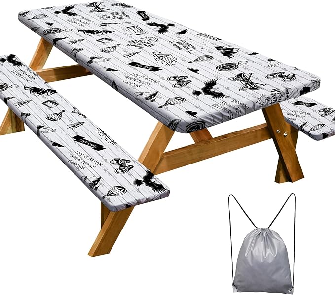 Picnic Table Cover with Bench Covers Camping Essentials Waterproof Windproof Camping Tablecloth with Drawstring Bag, Fitted Rectangle Tables and Seats, 60in, White