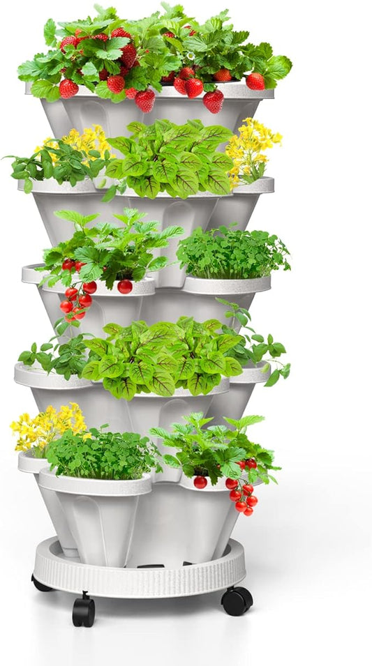 Strawberry Vertical Planters 5 Tiered, Stacking Tower Garden, Stackable Herb Vegetable Planters with Movable Casters and Bottom Saucer Indoor and Outdoor - White