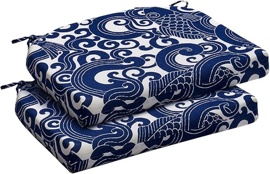 downluxe Outdoor Chair Cushions Set of 2 for Patio Furniture, Water-Resistant Patio Chair Cushions with Ties, High Density Foam Outdoor Seat Cushion, 17" X 16" X 2", Blue Carp