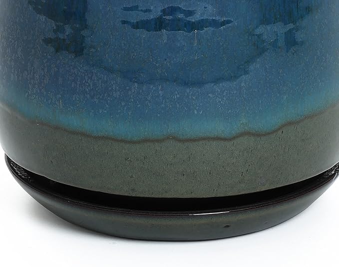 LuxenHome 12" Dia Ceramic Plant Pot, Indoor Outdoor Large Planter with Drainage Hole and Saucer, Blue and Green Gradient Glaze Flower Pot, Modern Decorative Planter for Home Garden Patio Porch