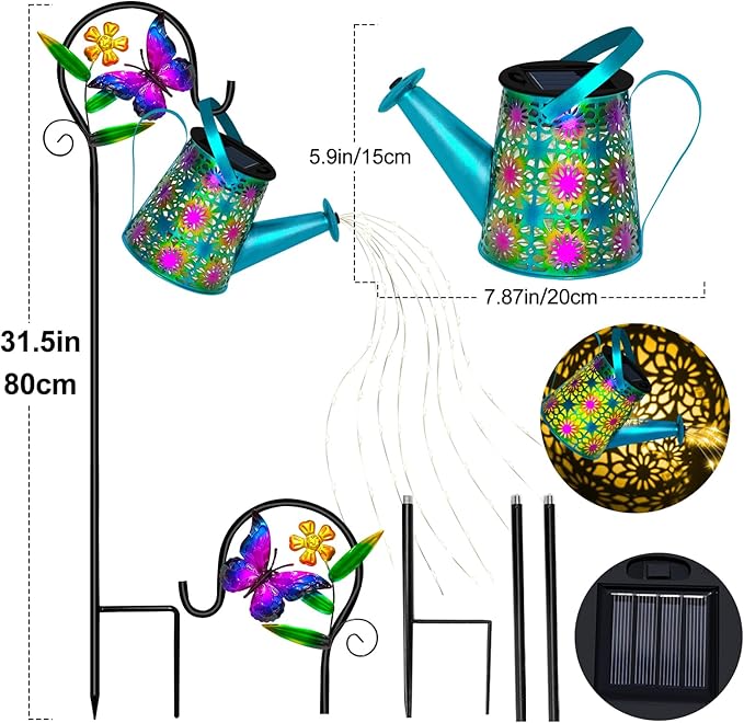 Christmas Gifts Solar Watering Can with Lights, Waterproof Solar Lantern with Butterfly Shepherd Hook, Hanging Garden Lights for Patio Yard Lawn Porch Outdoor Decoration, Unique Garden Gifts for Women