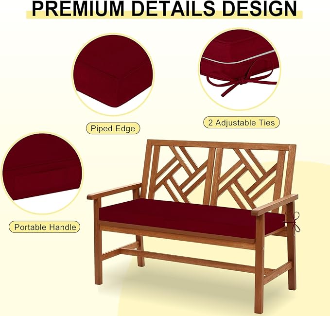 downluxe Outdoor Bench Cushion Waterproof, 59 x 18 Inch Patio Furniture Cushions with Adjustable Ties & Portable Handle, Porch Swing Cushions, Bench Cushions for Outdoor Furniture, Burgundy