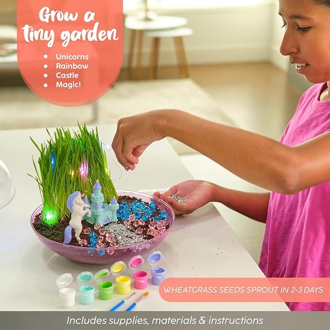 BRYTE Light Up Unicorn Terrarium Kit - Blue & Pink Round Plastic Dome, Ages 4-12 - Fairy Garden Kids Kit with Seeds & Terrarium Rock