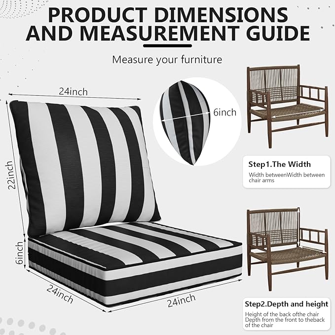 24" x 24" x 6" Outdoor Deep Seat Cushions - Waterproof & Fade Resistant Patio Furniture Replacement Cushions, Non-Slip Outdoor Cushions Fit Loveseats, Couches, Chairs, and Sofas