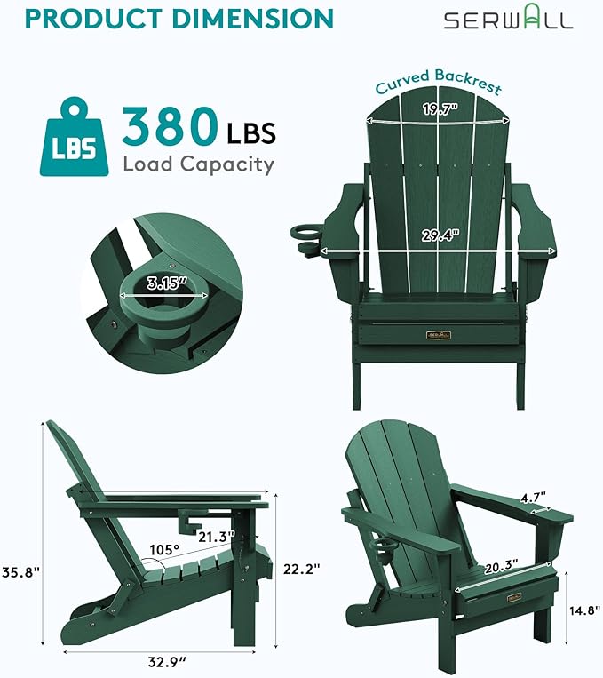 SERWALL Foldable Adirondack Chair Set of 4 for Patio Garden Outdoors Fire Pit Chairs-Green
