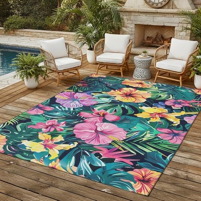 Tropical Botanical Floral Outdoor Rug Contemporary Aesthetic Green Pink Yellow Flower Texture Rug for Balcony Patio Deck Garden Washable Non Slip Large Carpet Waterproof Camping Rv Picnic Mat 10x16