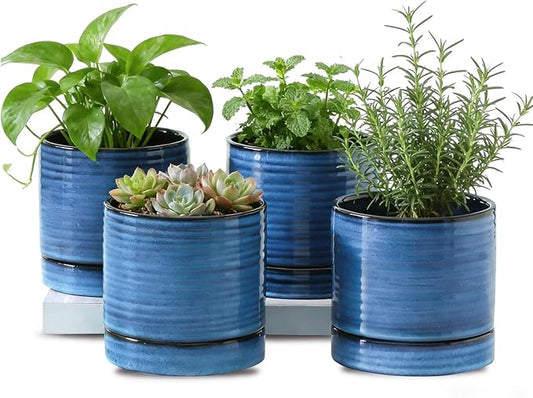 HASENSE Small Plant Pots, 4.6 Inch Porcelain Planters with Drainage Holes and Tary, Mini Pot for Flower, Succulents, Cactus, Herbs, Reactive Glaze Blue Indoor Planter, Set of 4