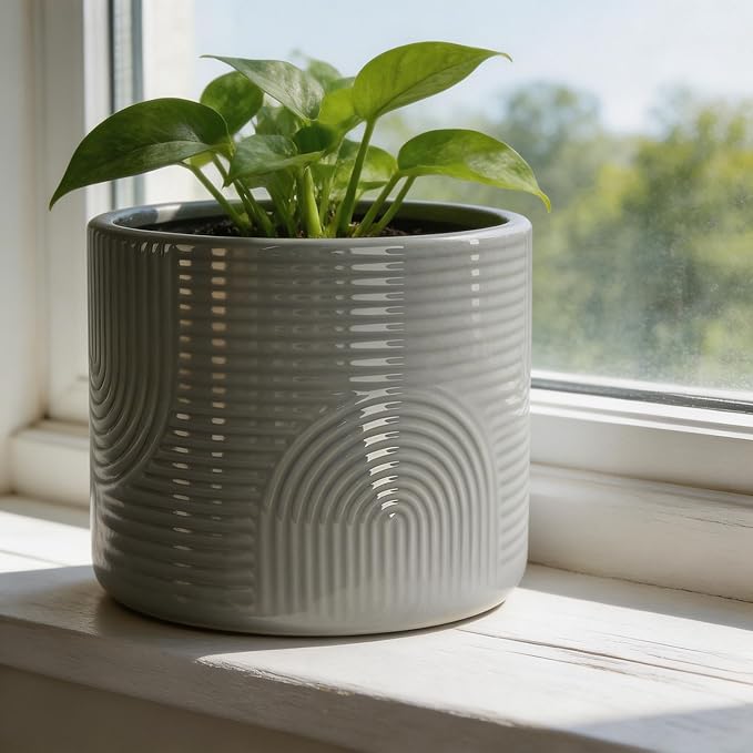6 Inch Ceramic Plant Pot – Decorative Indoor Planter (No Drainage Hole) for Succulents, Herbs & Houseplants – Modern Tabletop Desk Planter – Stone Gray