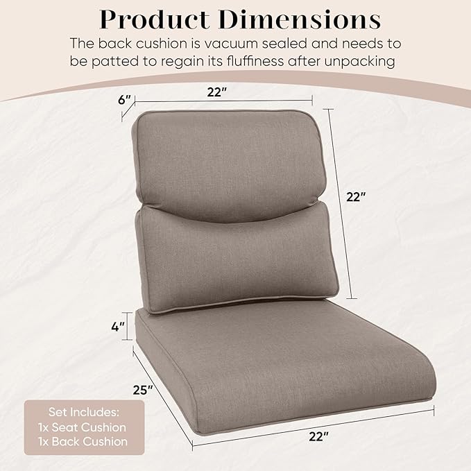 Outdoor Chair Cushions Set of 2-22 x 25 Inch Fade Resistant Patio Chair Cushions Outdoor Seat Cushions for Patio Furniture Chair Sofa Couch-Grey