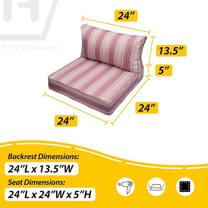 AAAAAcessories Outdoor Seat Cushions for Chairs, Fade-Resistant, Waterproof Patio Furniture Replacement Cushions, 24" x 24" x 5" + 24" x 13.5", Dusty Rose Garden Stripe