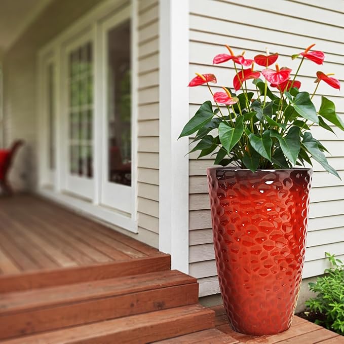 Worth Garden 14" Dia x 24" H Large Plastic Planters with Drainage Hole, Set of 2 Hammered Texture Red Glossy Smooth Finish, Tall Taper Round Decorative Flower Plant Pot for Indoor Outdoor, Front Porch