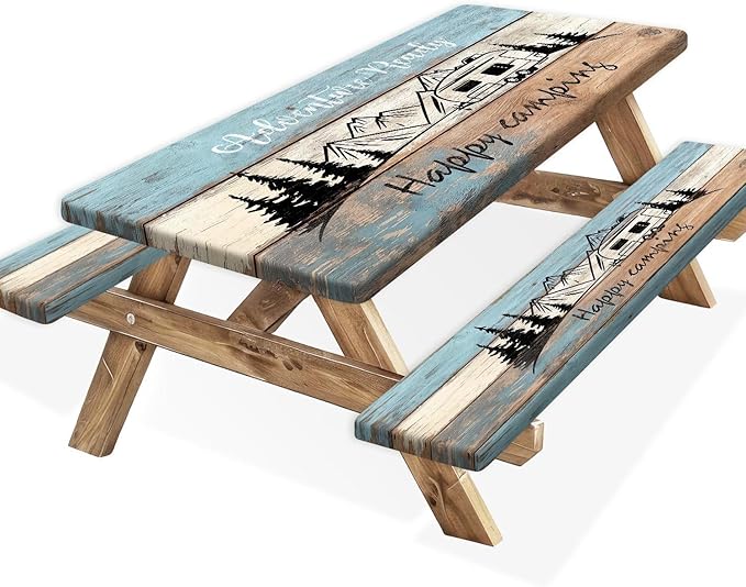 3PCS Picnic Table Cover with Bench Cover Wooden Happy Camping Tablecloth Fitted Picnic Picnic Table Cover with Elastic Windproof Waterproof, Outdoor & Garden Camping Accessories Essentials 72IN