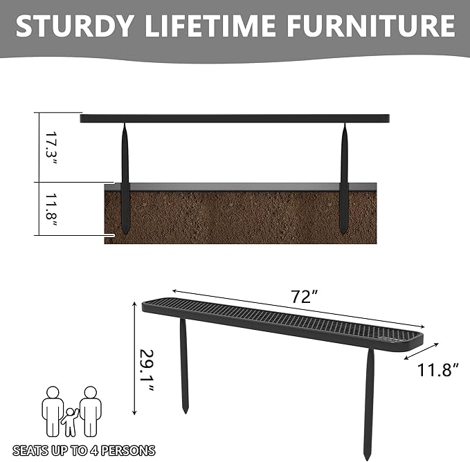 6 FT Heavy Duty Metal Park Bench for Outside, Outdoor Backless Bench with Thermoplastic Coating, Commercial Benches for Shopping Mall, Store, Park, Deck, Inground Mounted, Black