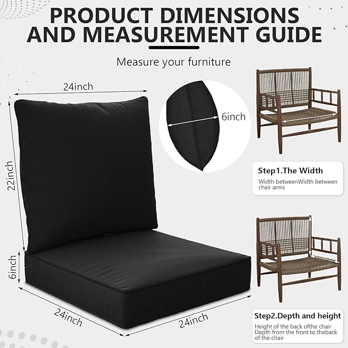 24" x 24" x 6" Outdoor Deep Seat Cushions Set - 2 Set Waterproof & Fade Resistant Patio Furniture Replacement Cushions, Non-Slip Outdoor Cushions Fit Loveseats, Couches, Chairs, and Sofas.