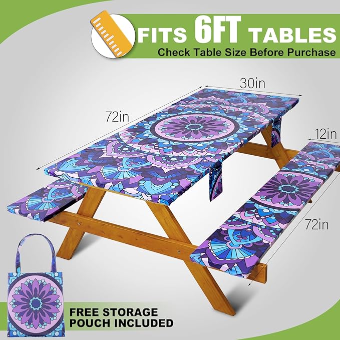Fitted Picnic Table Cover with Bench Covers Vinyl Waterproof Elastic Edges Fitted Rectangle Tables Patio Tablecloth Camping Gear and Essentials Rv Accessories Road Trip Supplies Car Travel Must Haves