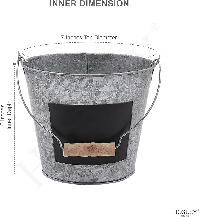 Hosley Galvanized Metal Chalkboard Bucket with Wooden Handle 7 Inch Dia – Set of 8 Rustic Farmhouse Floral Planter, Ideal for Home Décor, Office, Party, Wedding, Indoor, Outdoor or Tabletop Décor