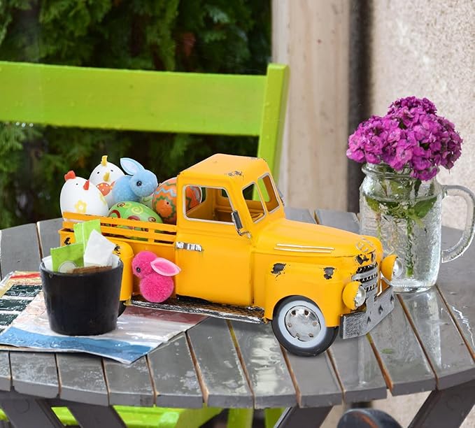 Farmhouse Yellow Truck Metal Decor,Vintage Outdoor Iron Truck Decor, Rustic Pick-up Planter,Antique Car Decoration,Desktop Wine Rack Stand,Decorative Tabletop Storage