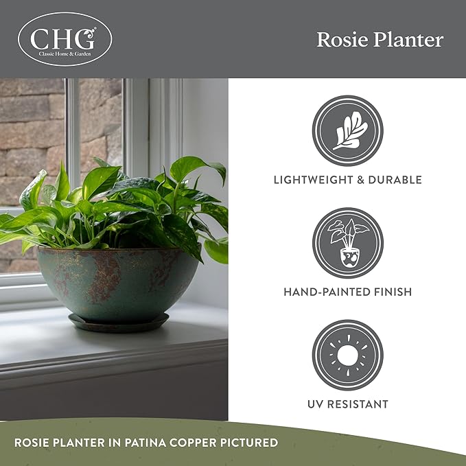 Classic Home and Garden Rosie Modern Planter w/Drainage - Contemporary Planter Bowls - Shallow Round Vases for Small Plants - Versatile Indoor & Outdoor Pots (10” Lava Red)