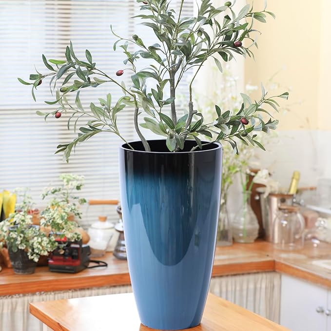 Plant Pots Large Plastic Planters 2Pack Glossy Blue Outdoor Tall Planter Plant Containers for Garden,Patio,Porch,Front Door,Backyard,Corner Decor Planters For Plants With Drainage Hole & Insert Shelf