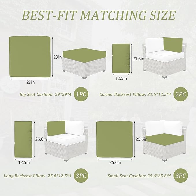 Outdoor Cushions for Patio Furniture with 5 Pillows, Waterproof Patio Furniture Cushions Replacement, 4" Deep Seat Outdoor Sectional Cushions for 4-seat Patio Furniture Chair Sofa Couch,Light Green