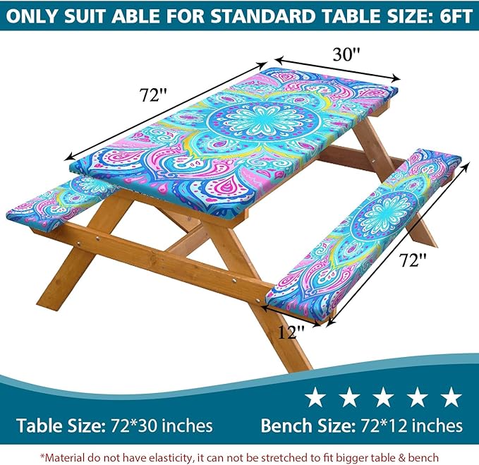 Picnic Table Covers with Bench Covers Boho Pattern Camping Tablecloth Fitted Picnic Table Cover with Elastic Windproof Waterproof Fabric, Outdoor Camping Accessories Gifts for Men Women, 60In 3PCS